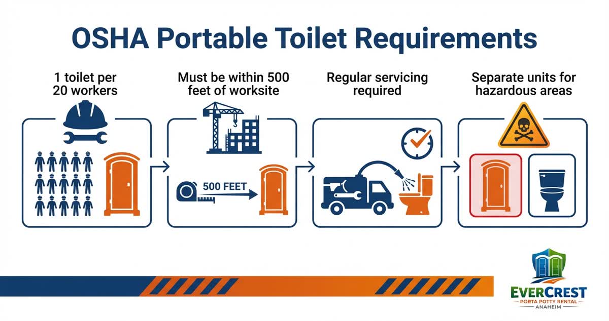Infographic showing optimal porta potty placement zones on a construction site